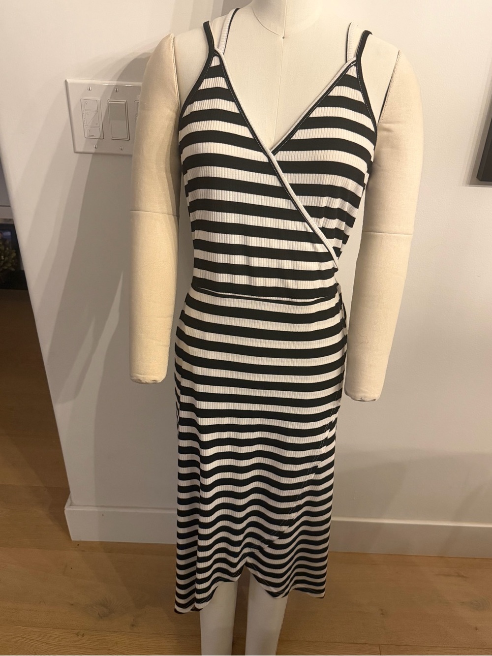 Poof! Black and White Striped Midi Wrap Dress